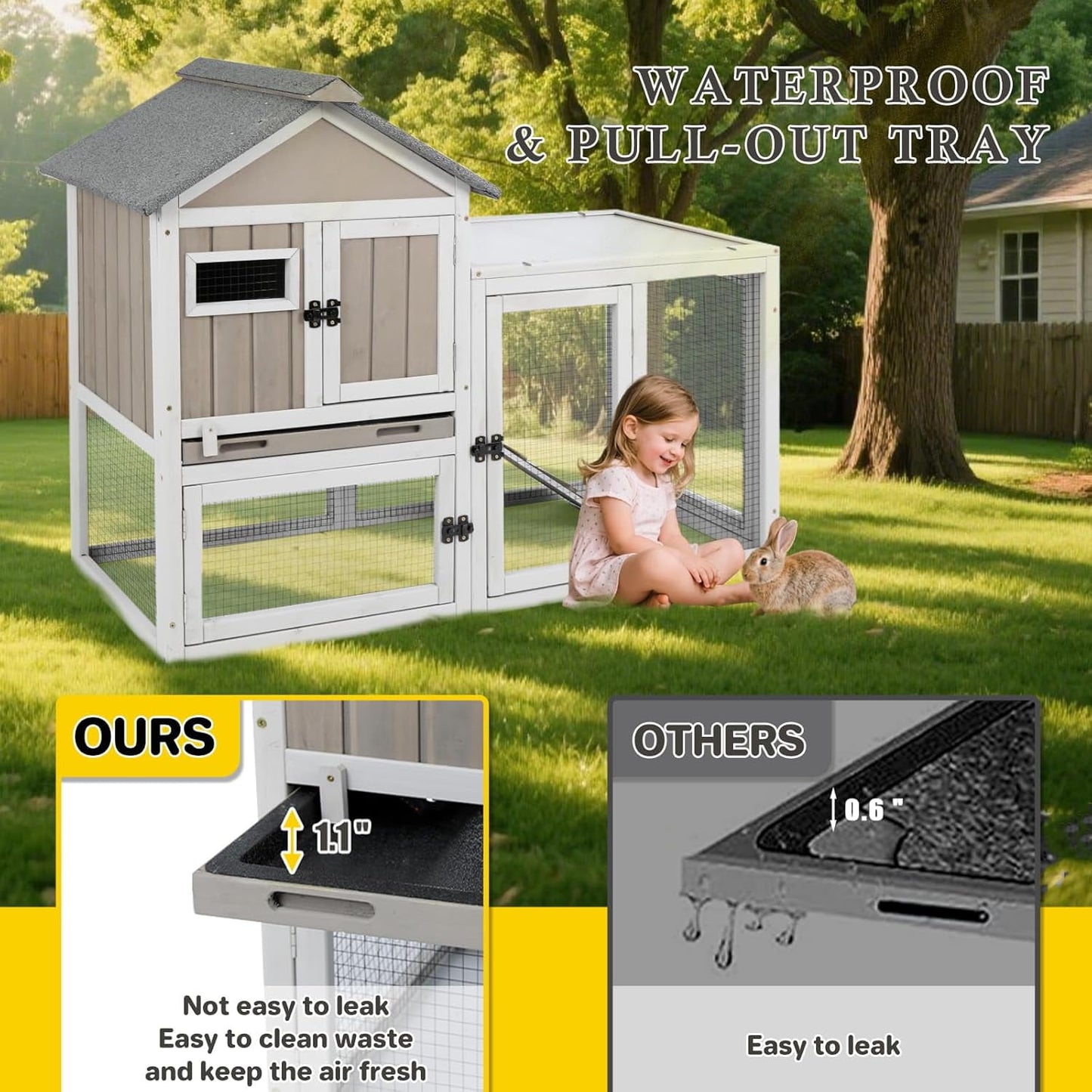 Petsblublu 47''L Rabbit Hutch Outdoor Wooden Indoor 2 Story Bunny House with Waterproof Roof