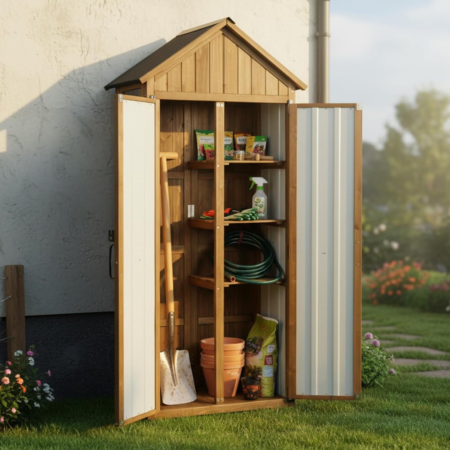 Petsblublu Outdoor Storage Cabinet with Shelf, Wood & Metal Shed for Patio Backyard, Garden Shed Tool Shed and Accessories, Brown