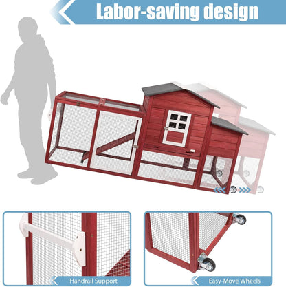 Petsblublu 79 L Chicken Coop with Run Outdoor Indoor Mobile Hen House with Nesting Boxes, Wheels, Red