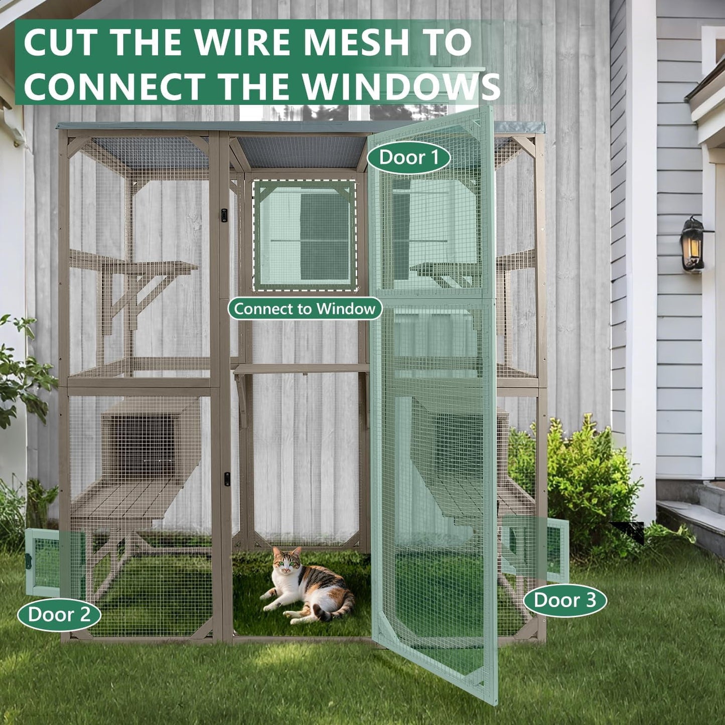 Petsblublu Large Outdoor Cat Catio Enclosures, Wooden Catio Window Cat Patio for Cats Feral with 5 Platforms