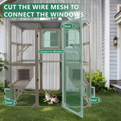 Petsblublu Large Outdoor Cat Catio Enclosures, Wooden Catio Window Cat Patio for Cats Feral with 5 Platforms