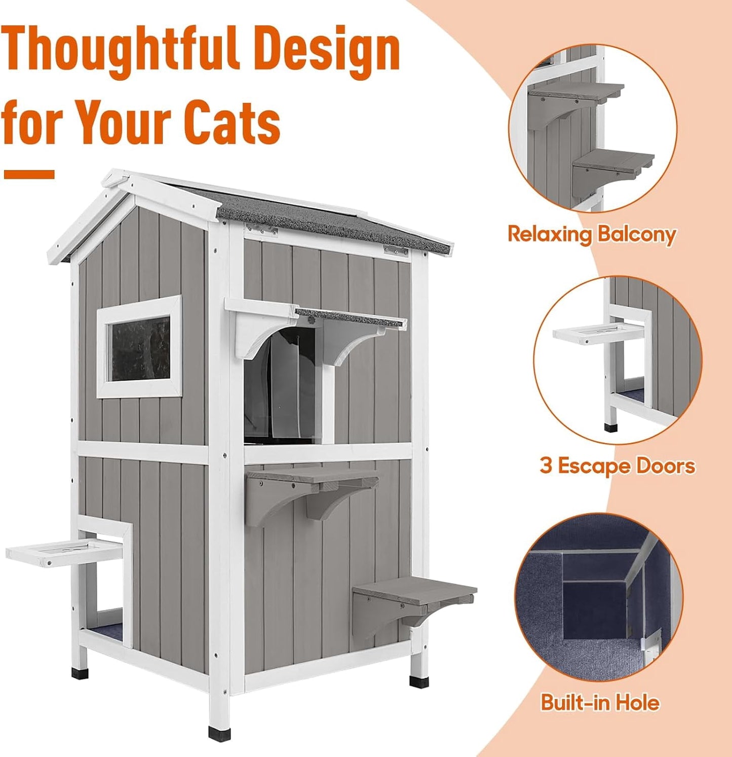 Petsblublu Insulated Outdoor Cat House 2 Story Weatherproof Elevated Outside Cat Shelter, Gray