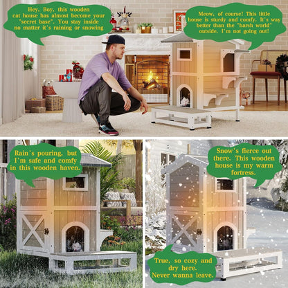Petsblublu Insulated Outdoor Weatherproof Cat House Two Story Cats Shelter for Winter, with Jumping Platforms