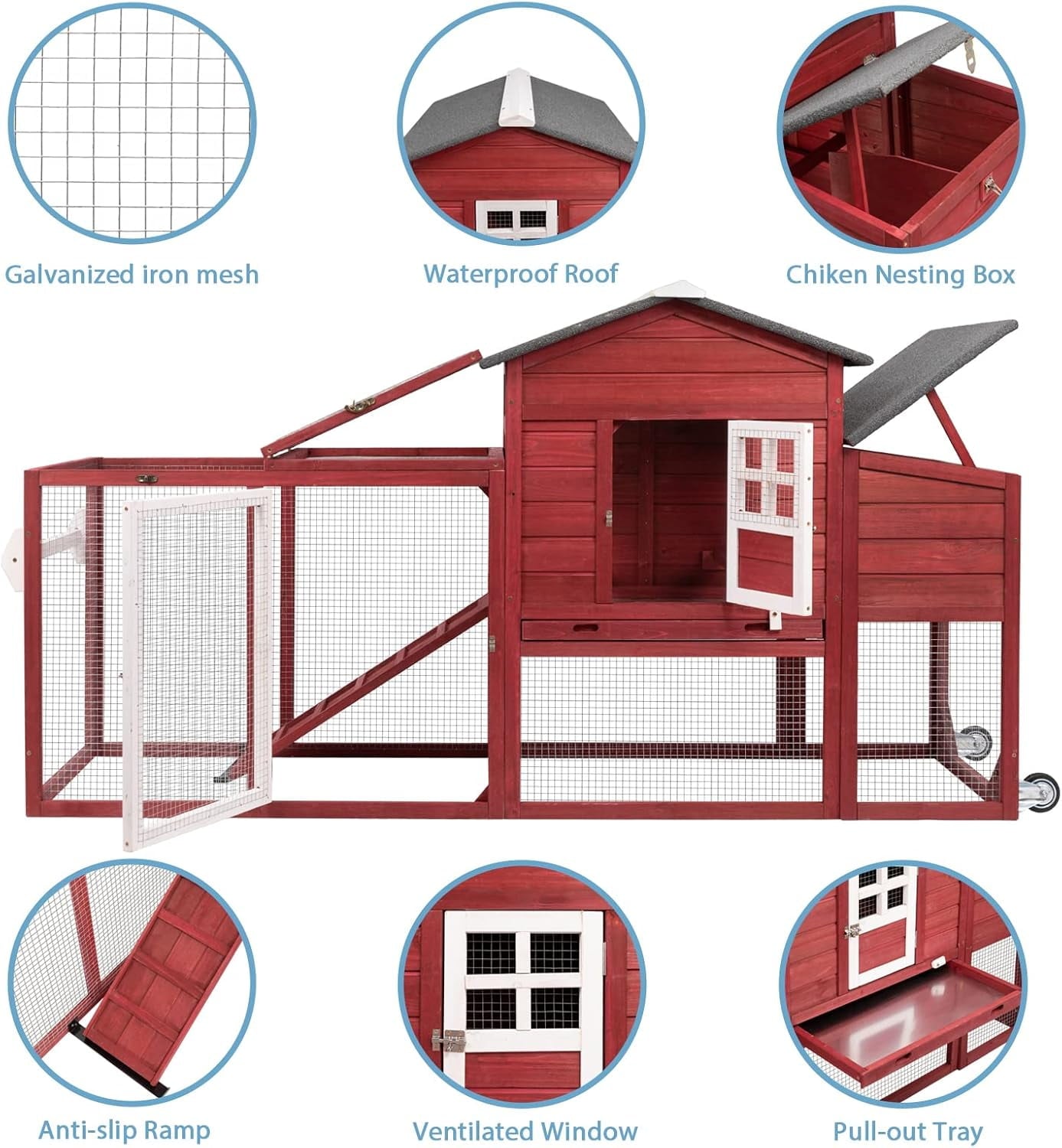 Petsblublu 79 L Chicken Coop with Run Outdoor Indoor Mobile Hen House with Nesting Boxes, Wheels, Red