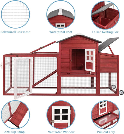 Petsblublu 79 L Chicken Coop with Run Outdoor Indoor Mobile Hen House with Nesting Boxes, Wheels, Red