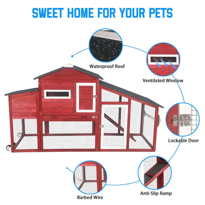 Petsblublu Outdoor Chicken Coop Large Wooden Tractor with Wheels Waterproof Hen House, RED