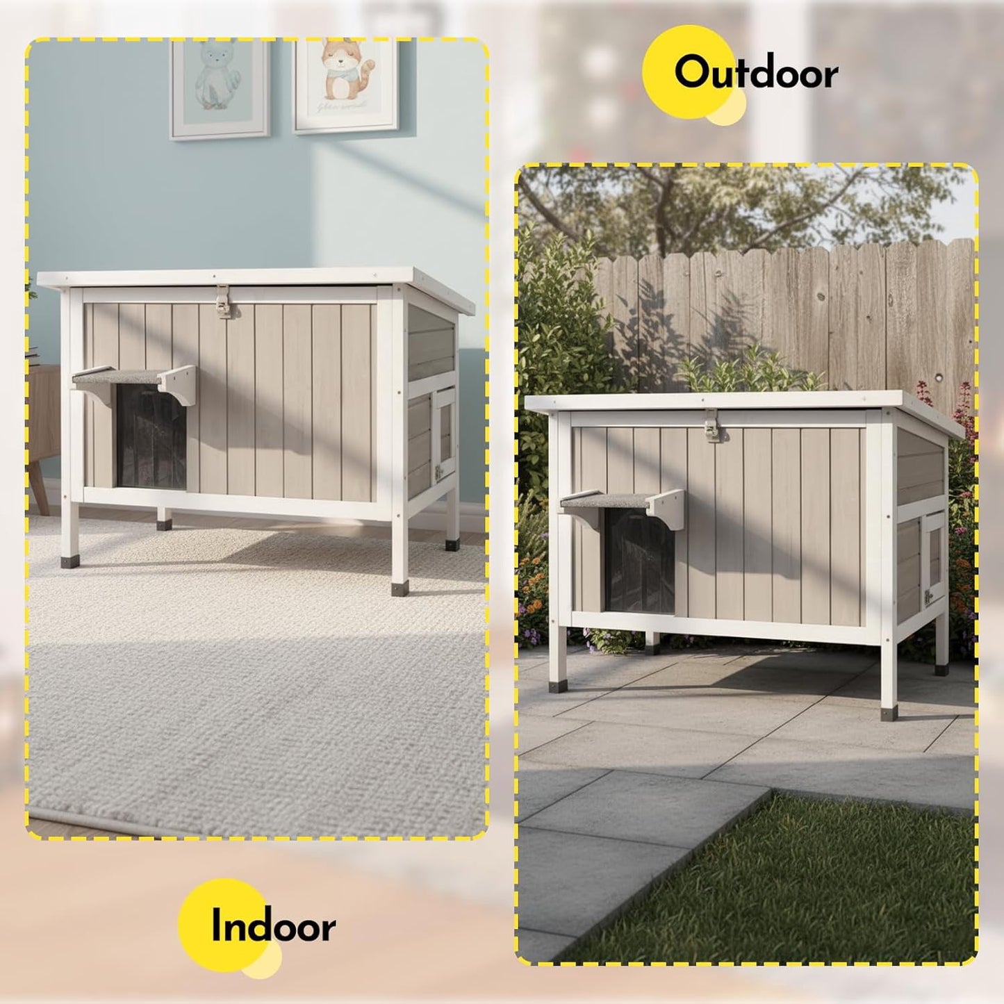 Petsblublu Insulated Outdoor Wooden Cat House Feral Cats Shelter for Winter, 34.4x21.6x25.6