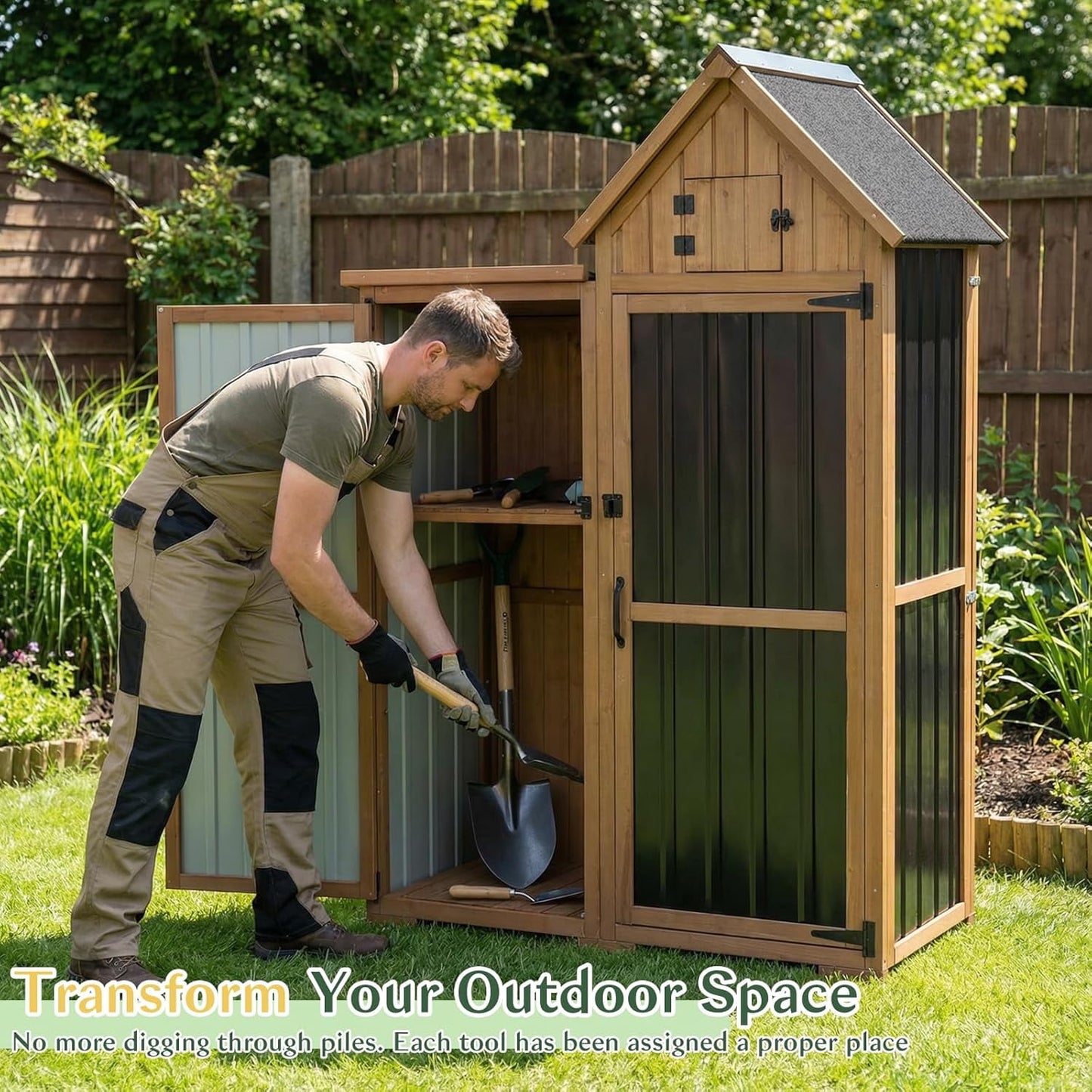 Petsblublu Outdoor Storage Cabinet Weatherproof with 3 Adjustable Shelves,Outside Garden Tool Sheds, Brown