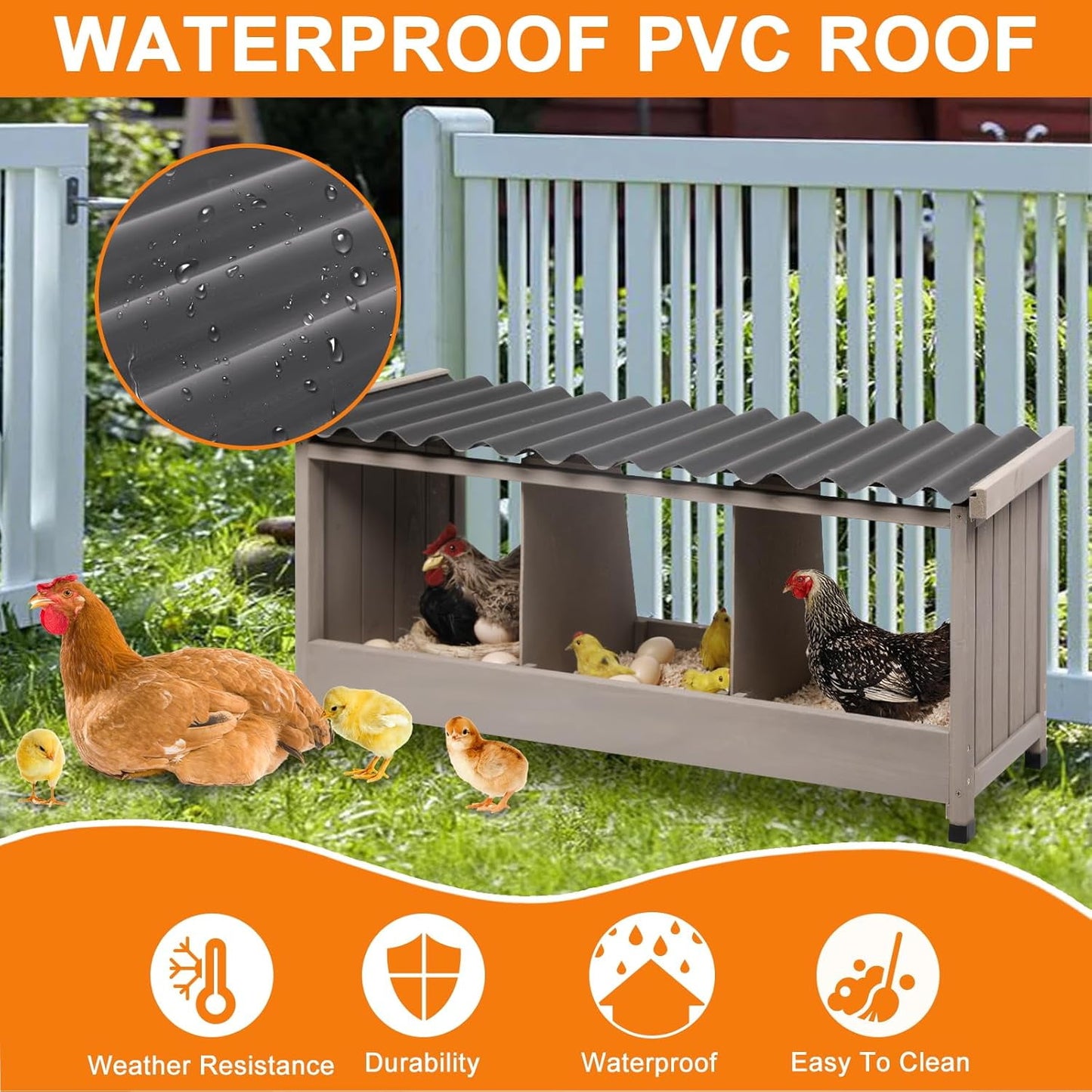 Petsblublu Wooden Chicken Coop Nesting Boxes for Chickens with PVC Roof