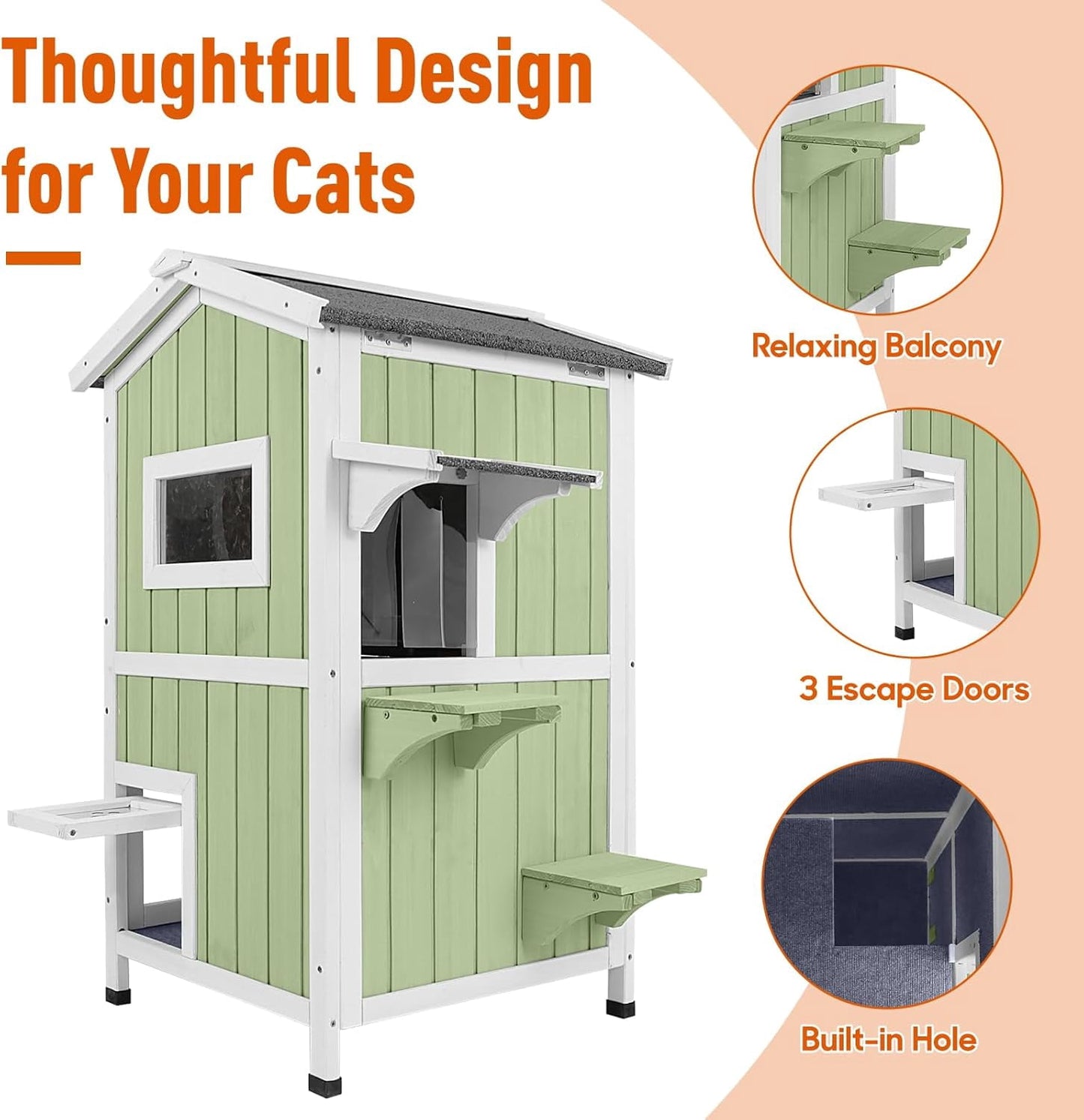 Petsblublu Insulated Outdoor Cat House 2 Story Weatherproof Elevated Outside Cat Shelter, Green
