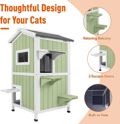 Petsblublu Insulated Outdoor Cat House 2 Story Weatherproof Elevated Outside Cat Shelter, Green