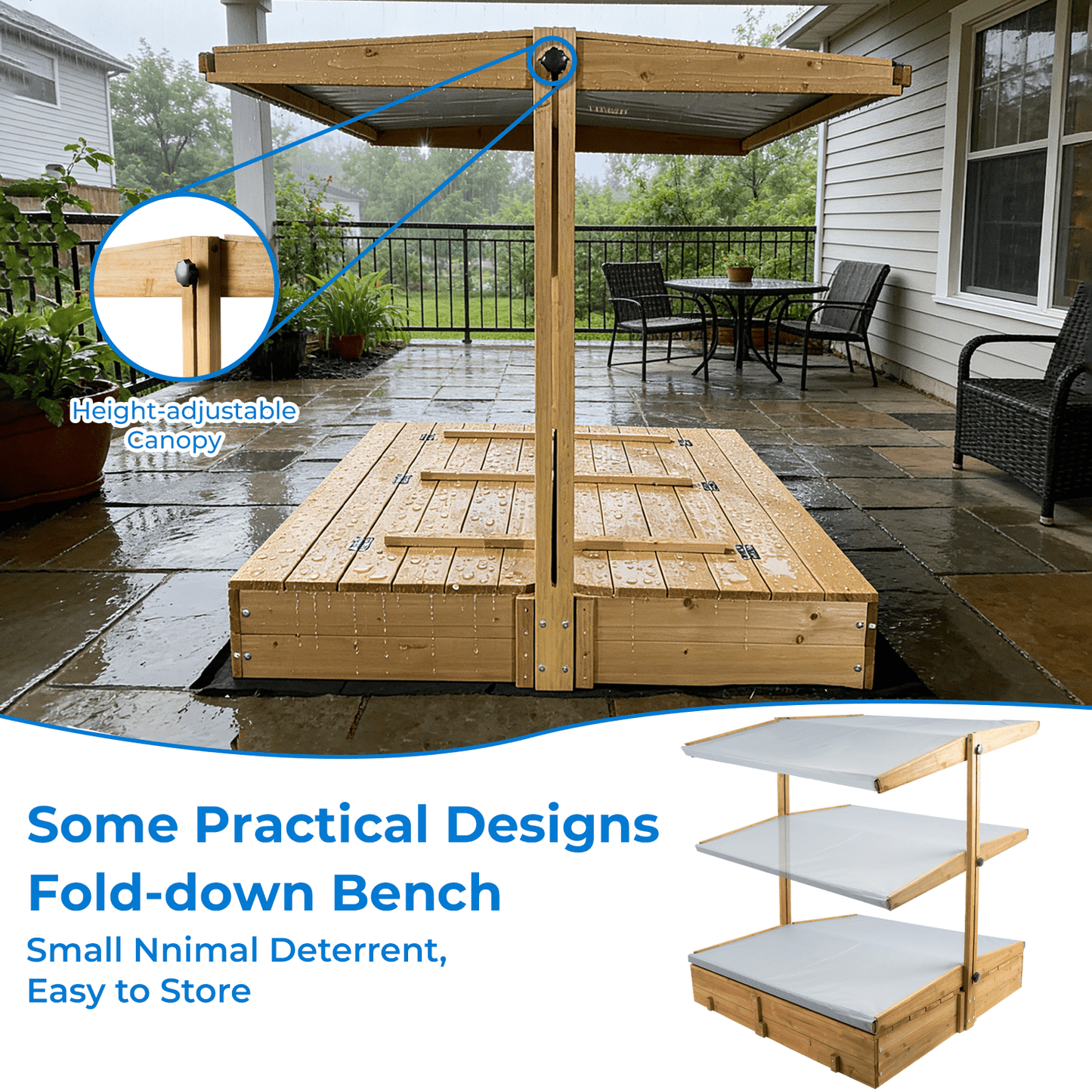 Sandbox with  UV-Resistant Canopy, Foldable Bench Seats and Liner for Kids, Solid Wood, 47x47in