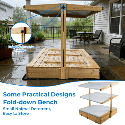Sandbox with  UV-Resistant Canopy, Foldable Bench Seats and Liner for Kids, Solid Wood, 47x47in