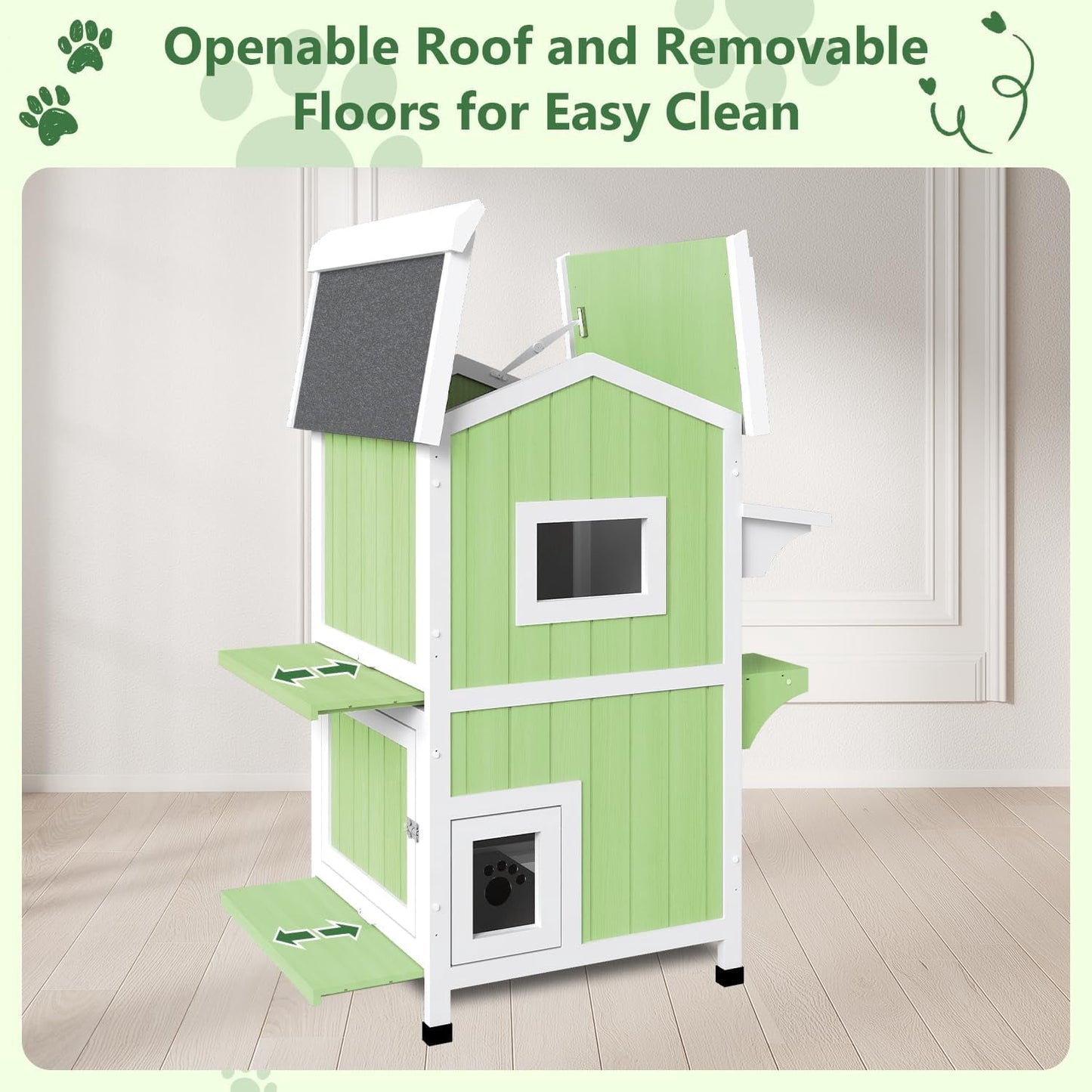 Petsblublu Outdoor Cat Shelter Weatherproof,Two Story Wooden Outside Feral Cat House with Openable Roof, Green