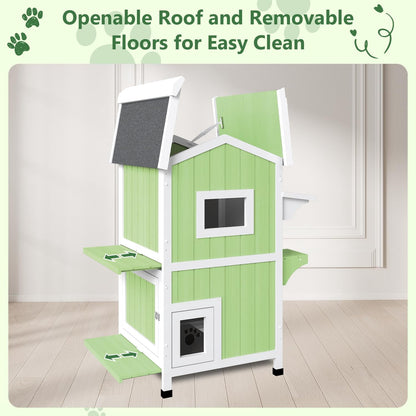 Petsblublu Outdoor Cat Shelter Weatherproof,Two Story Wooden Outside Feral Cat House with Openable Roof, Green