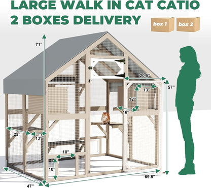 Petsblublu 71 H Cat Catio Outdoor Cat Enclosure Large Cat House with 2 Condos, 6 Platforms