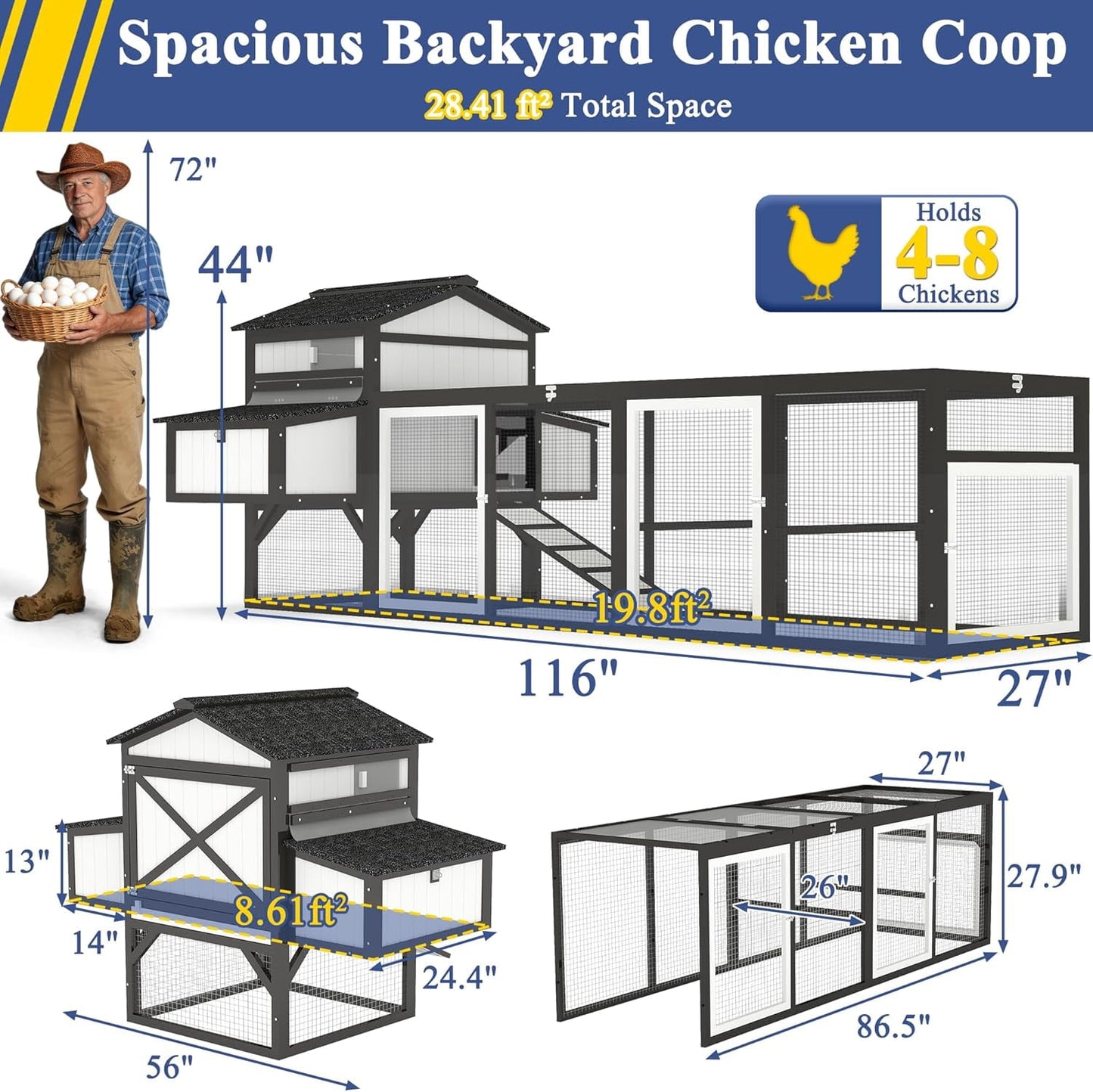 Petsblublu 116 Large Chicken Coop with Run, Wooden Hen House Outdoor Poultry Cage with Nesting Boxes