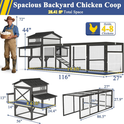 Petsblublu 116 Large Chicken Coop with Run, Wooden Hen House Outdoor Poultry Cage with Nesting Boxes
