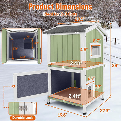 Petsblublu Insulated Outdoor Cat House 2 Story Weatherproof Elevated Outside Cat Shelter, Green