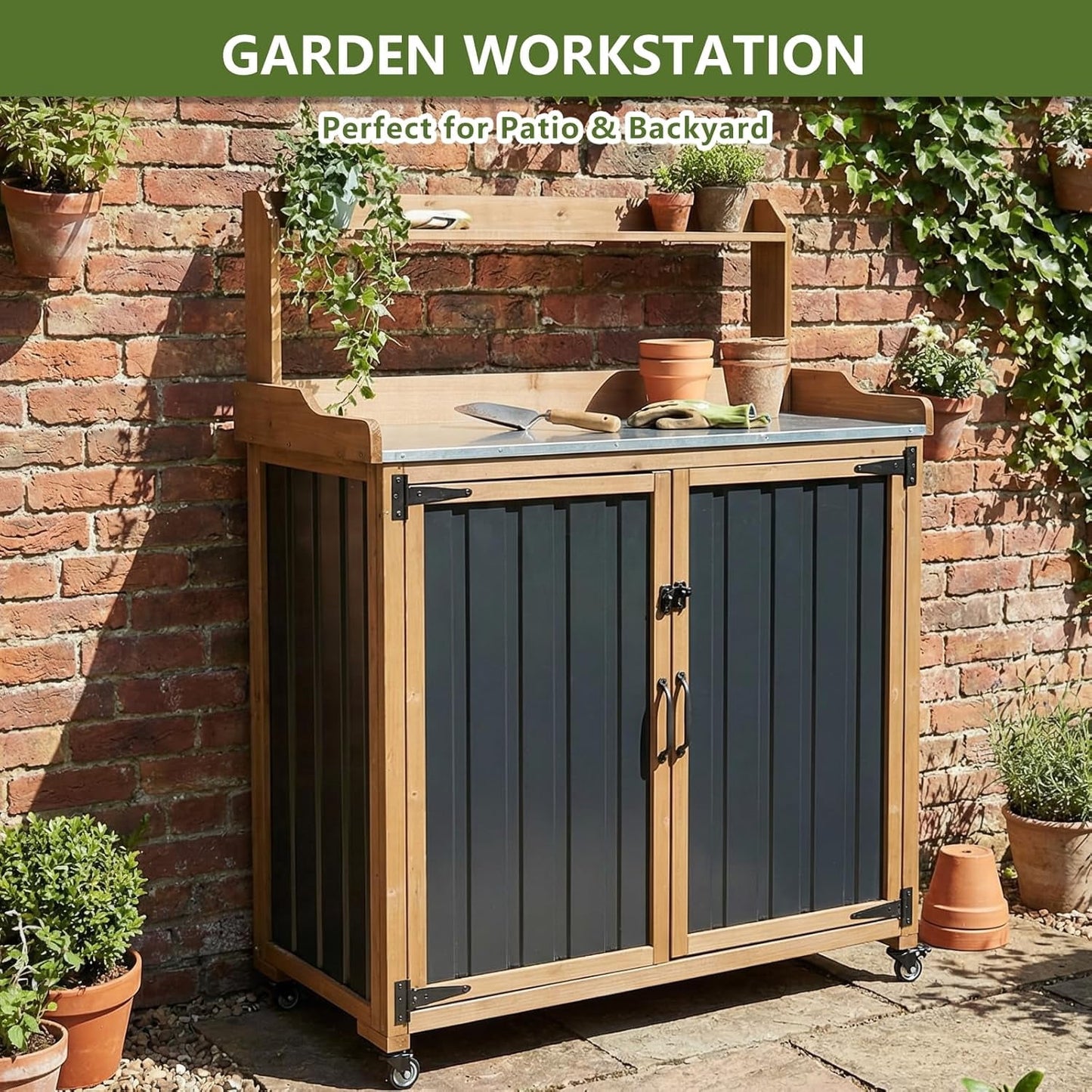 Petsblublu Outdoor Potting Bench Storage Cabinet, Garden Table with Metal Top&Shelf for Backyard
