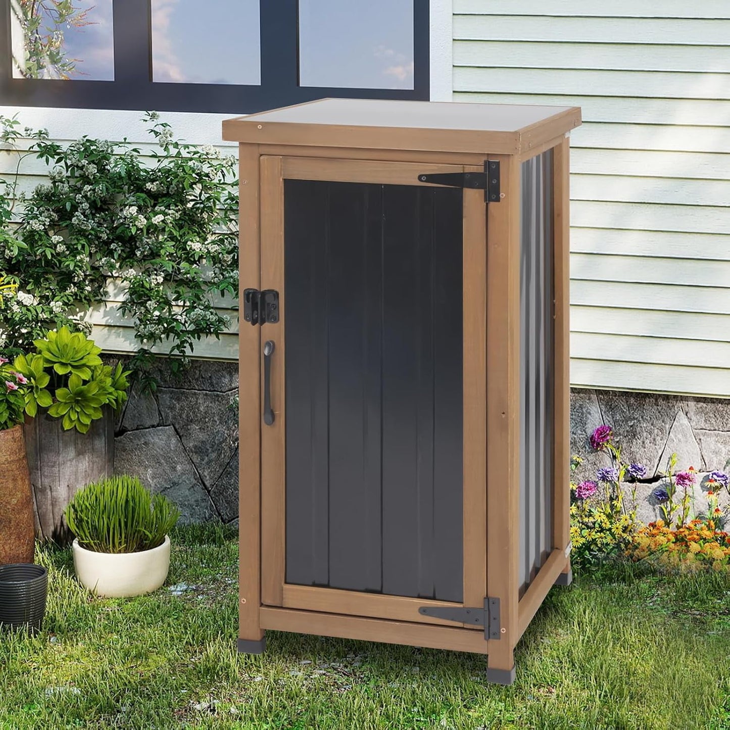 Petsblublu Storage Cabinet Small Outdoor Garden Potting Bench Table with Removable Shelves, 17.9"L x 17.9"W x 33.5"H