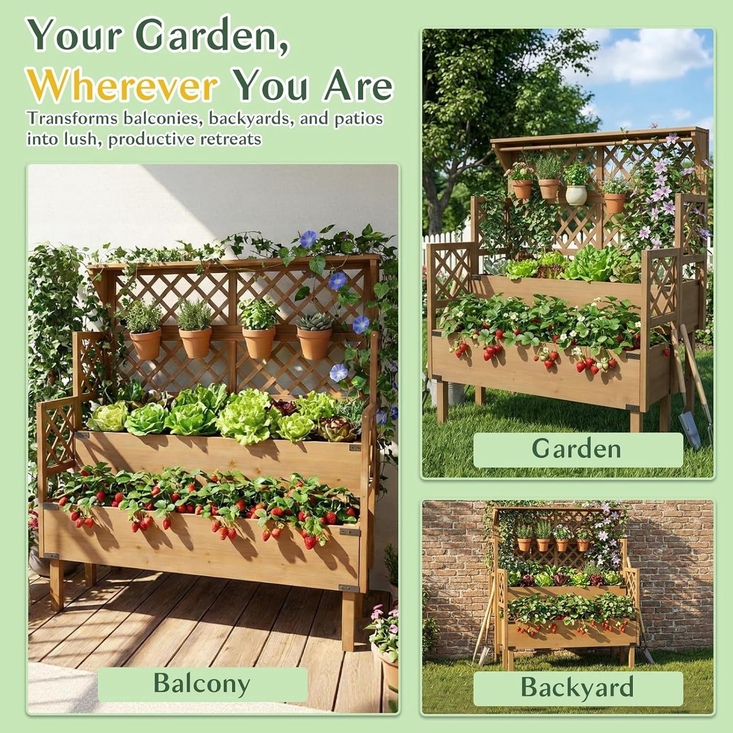 Petsblublu Raised Garden Bed with Trellis, Elevated Flower Plant Stand for Gardening