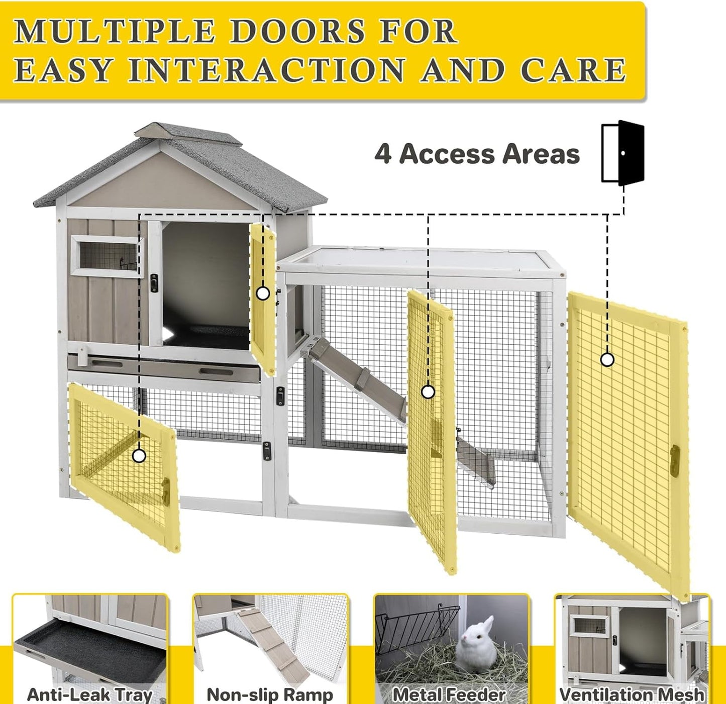 Petsblublu 47''L Rabbit Hutch Outdoor Wooden Indoor 2 Story Bunny House with Waterproof Roof