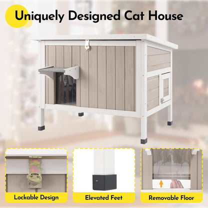 Petsblublu Insulated Outdoor Wooden Cat House Feral Cats Shelter for Winter, 34.4x21.6x25.6