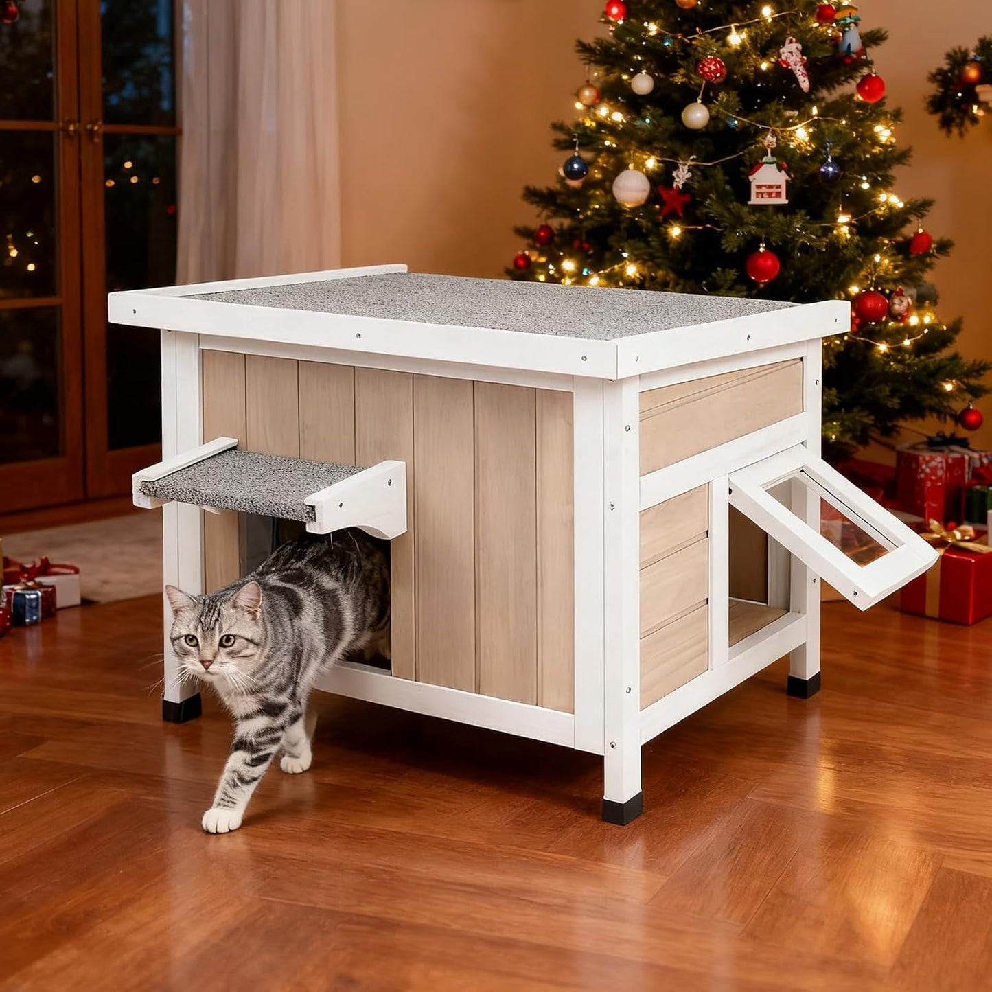 Petsblublu Outdoor Cat House Weatherproof Feral Cat Shelter for Multiple Cats with Escape Door
