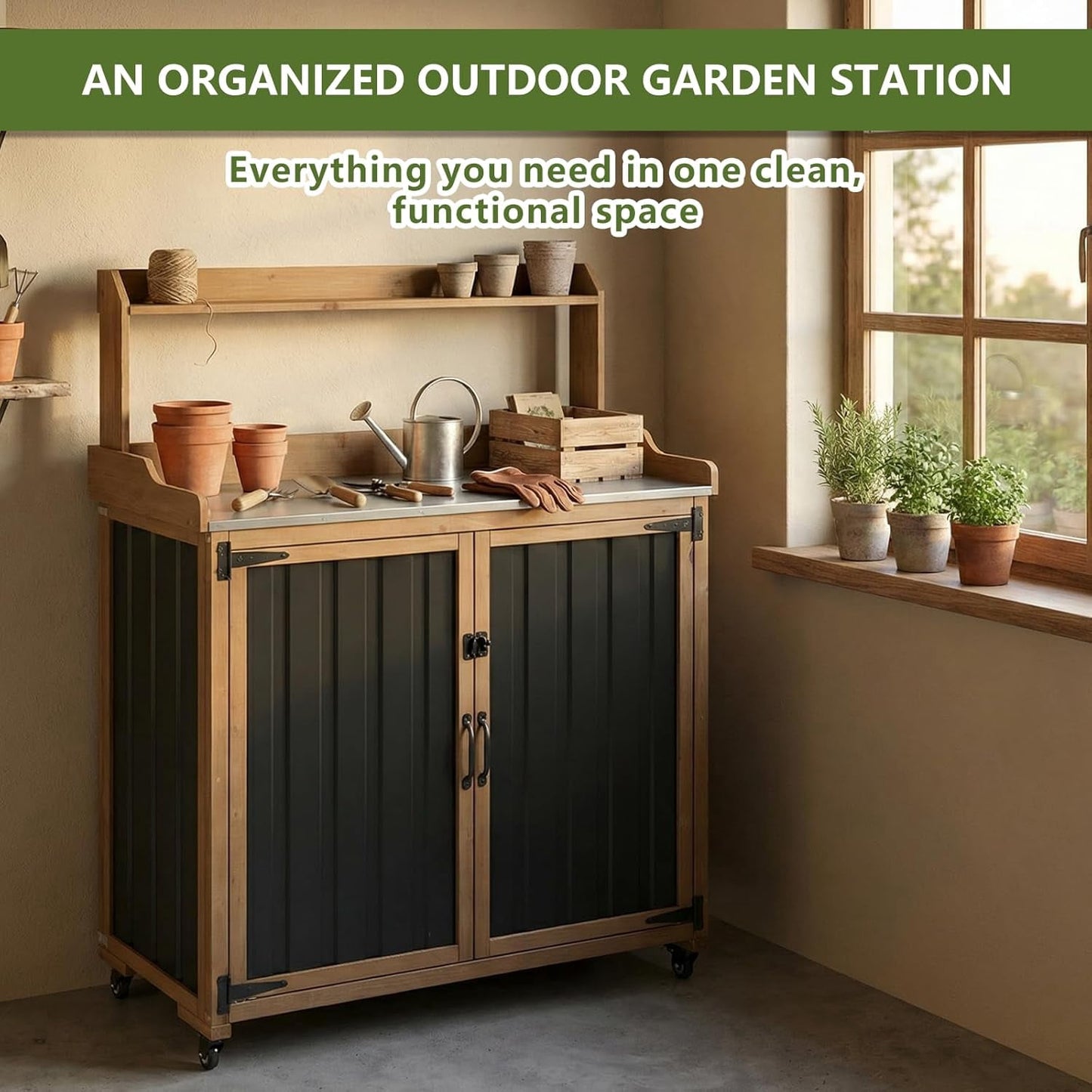 Petsblublu Outdoor Potting Bench Storage Cabinet, Garden Table with Metal Top&Shelf for Backyard