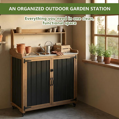 Petsblublu Outdoor Potting Bench Storage Cabinet, Garden Table with Metal Top&Shelf for Backyard