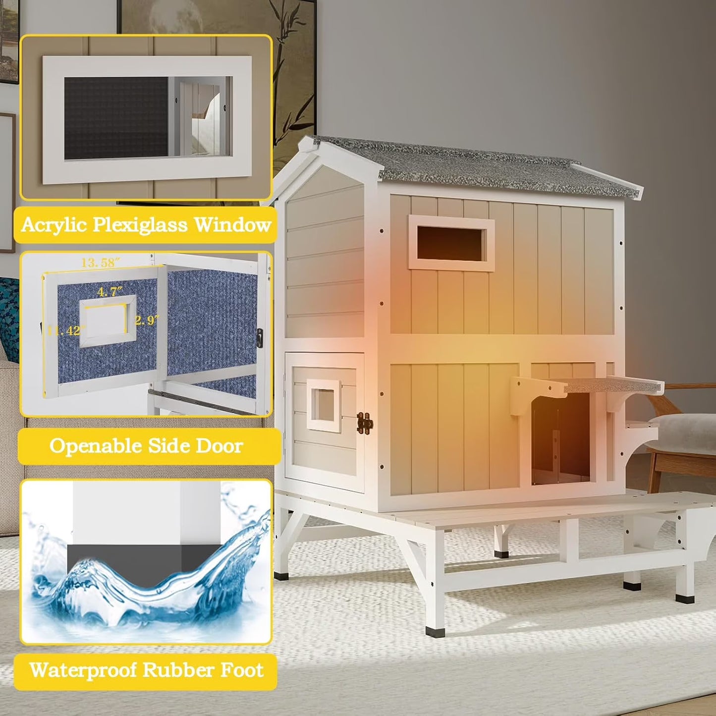 Petsblublu Insulated Outdoor Wooden Two Story Cat House Weatherproof Cats Shelter with 3 Jumping Platforms, Grey