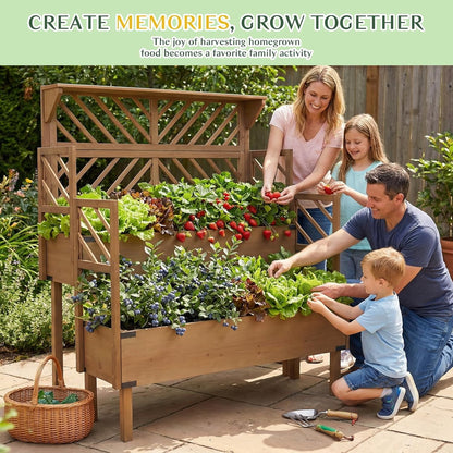 Petsblublu Raised Garden Bed Outdoor with Lattice Trellis, Flower Plant Stand with Two Planting Areas