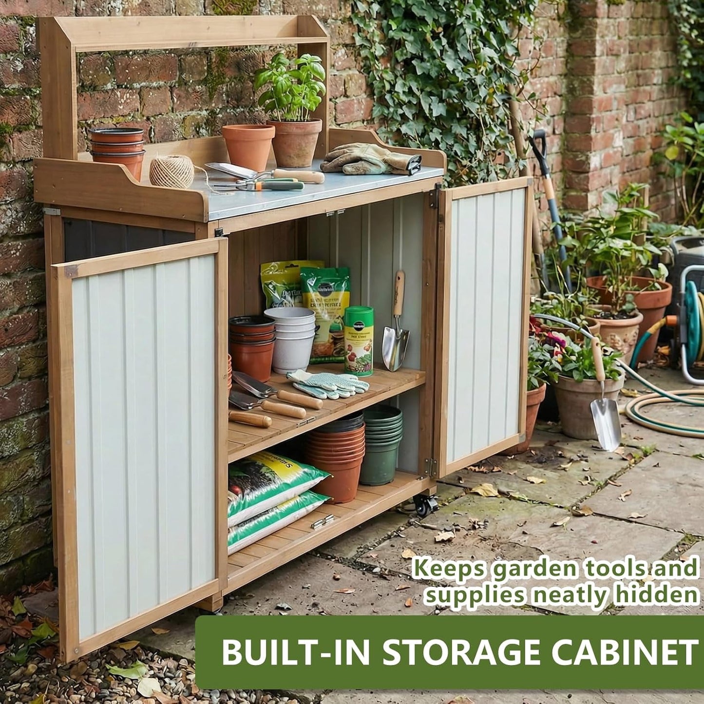 Petsblublu Outdoor Potting Bench Storage Cabinet, Garden Table with Metal Top&Shelf for Backyard