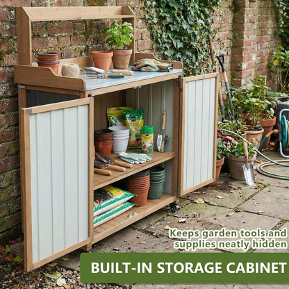 Petsblublu Outdoor Potting Bench Storage Cabinet, Garden Table with Metal Top&Shelf for Backyard
