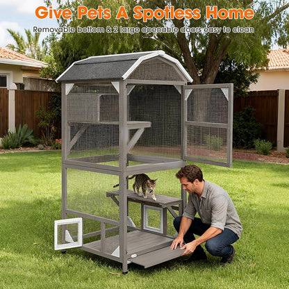 Petsblublu 71H Outdoor Cat Enclosure Wooden Cat House 4 Tiers with Removable Floor