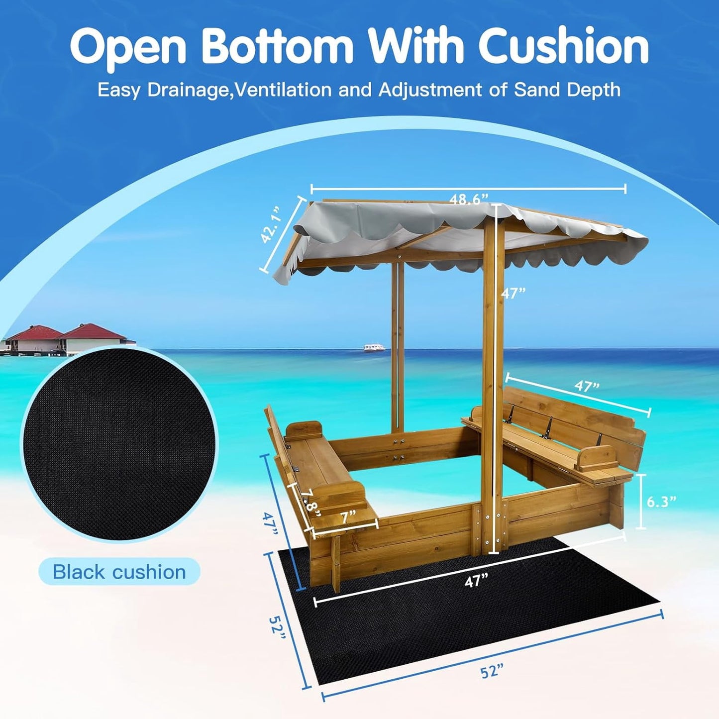 Petsblublu Wooden Kids Sandbox with Lid, Outdoor Sand Box with Canopy and Two Foldable Bench Seats