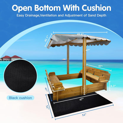 Petsblublu Wooden Kids Sandbox with Lid, Outdoor Sand Box with Canopy and Two Foldable Bench Seats