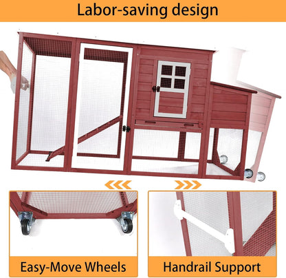 Petsblublu Outdoor Wooden Chicken Coop with Wheels Asphalt Roof Nest Boxes,Red