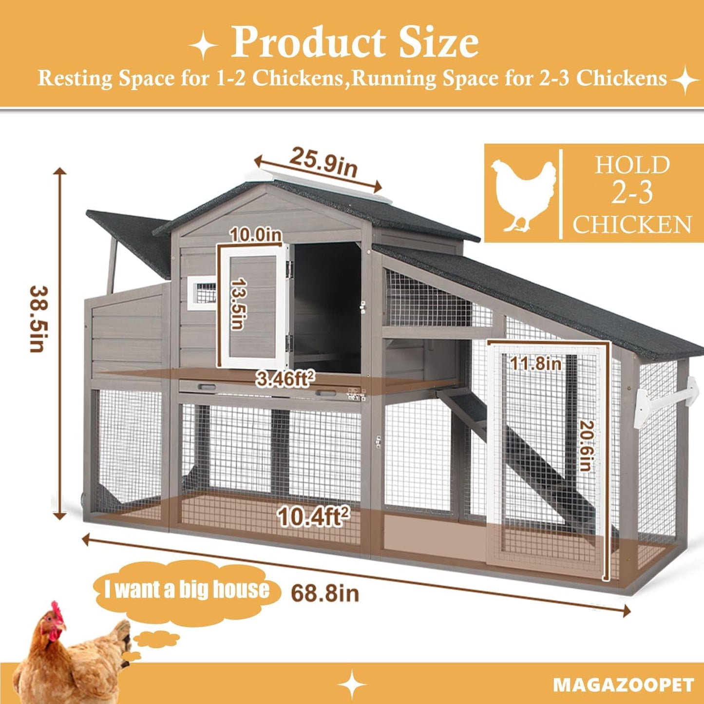 Petsblublu Outdoor Chicken Coop Large Wooden Tractor with Wheels Waterproof Hen House,Gray