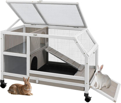 Petsblublu Outdoor Rabbit Hutch, Indoor Wooden Bunny Cage with Wheels