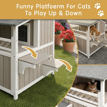 Petsblublu Outdoor Cat House 2 Story Wooden Cat Feral with Balcony Waterproof, Escape Doors