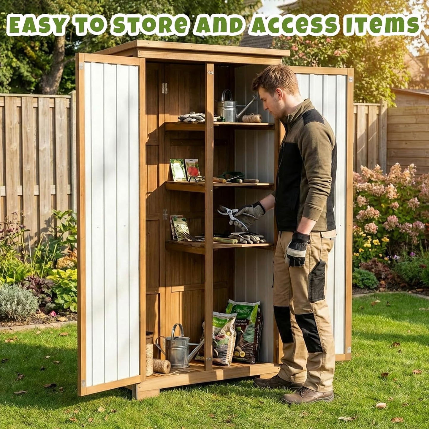 Petsblublu Outdoor Storage Cabinet,Wood & Metal Storage Shed with Adjustable Shelves & Lockable Doors,for Backyard Patio, Gardening Tools