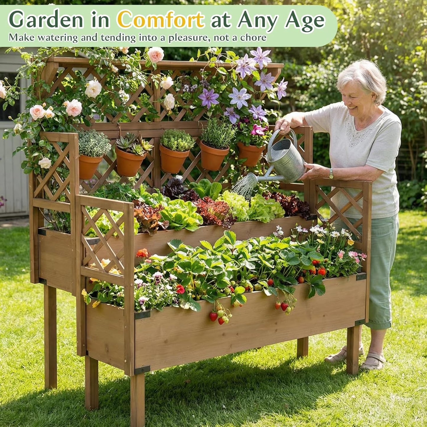 Petsblublu Raised Garden Bed with Trellis, Elevated Flower Plant Stand for Gardening