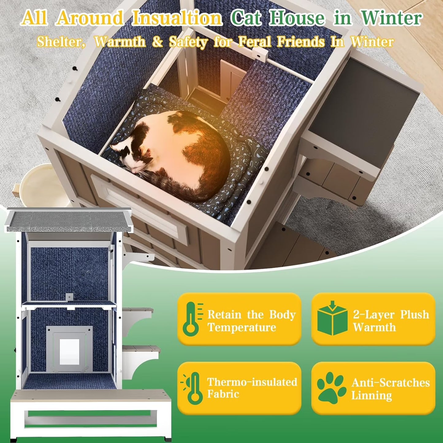 Petsblublu Insulated Outdoor Weatherproof Cat House Two Story Cats Shelter for Winter, with Jumping Platforms