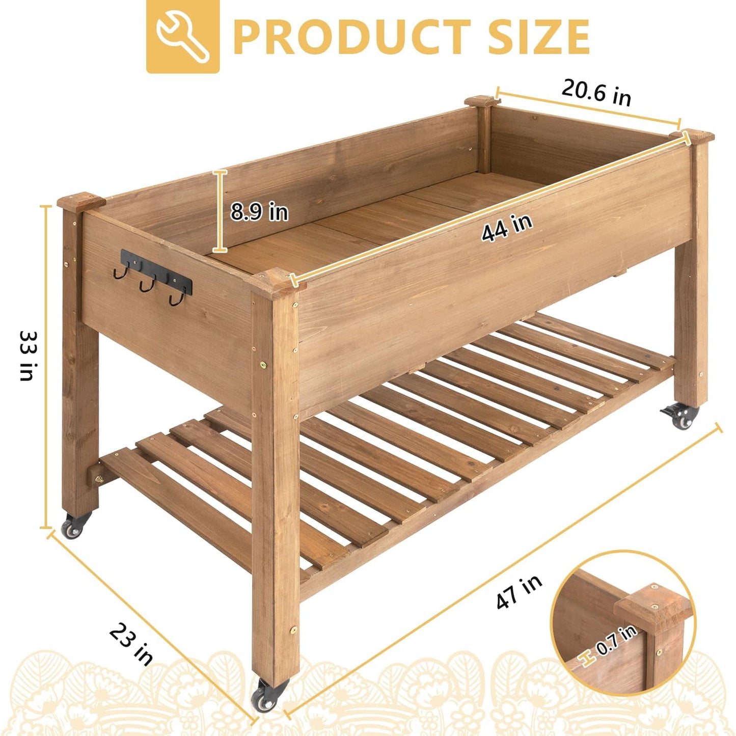 Petsblublu Raised Garden Bed with Wheels, Outdoor Elevated Wood Planter Box for Backyard Balcony