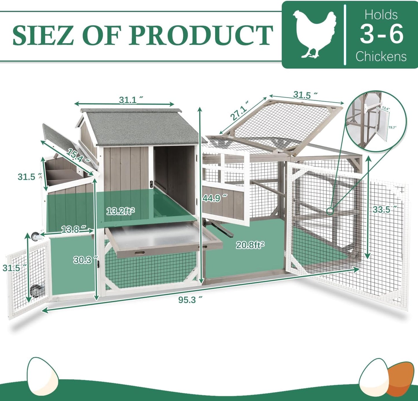 Petsblublu 95.3 L Outdoor Large Chicken Coop with Run, Chicken Tractor Hen House with 3 Nesting Boxes, Gray