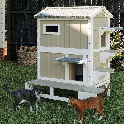 Petsblublu Outdoor Wooden Two Story Cat House Weatherproof with 3 Jumping Platforms, Grey