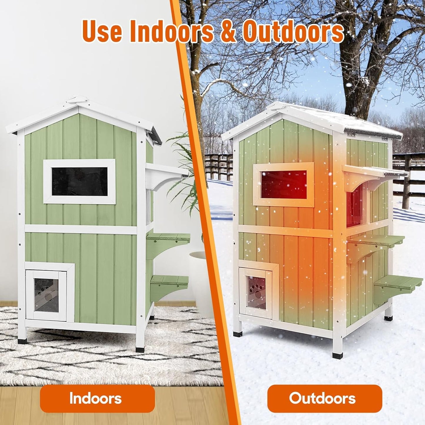 Petsblublu Insulated Outdoor Cat House 2 Story Weatherproof Elevated Outside Cat Shelter, Green