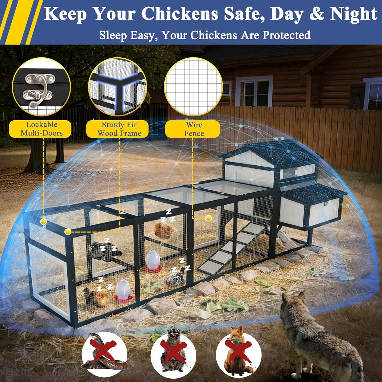 Petsblublu 116 Large Chicken Coop with Run, Wooden Hen House Outdoor Poultry Cage with Nesting Boxes